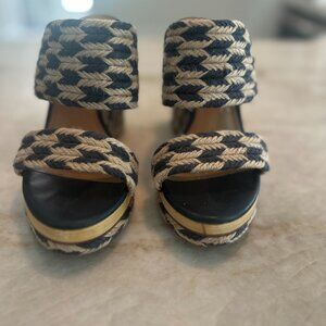 Tory Burch Lola Platform Woven Jute Leather Chunky Sandal in Blue and Tan